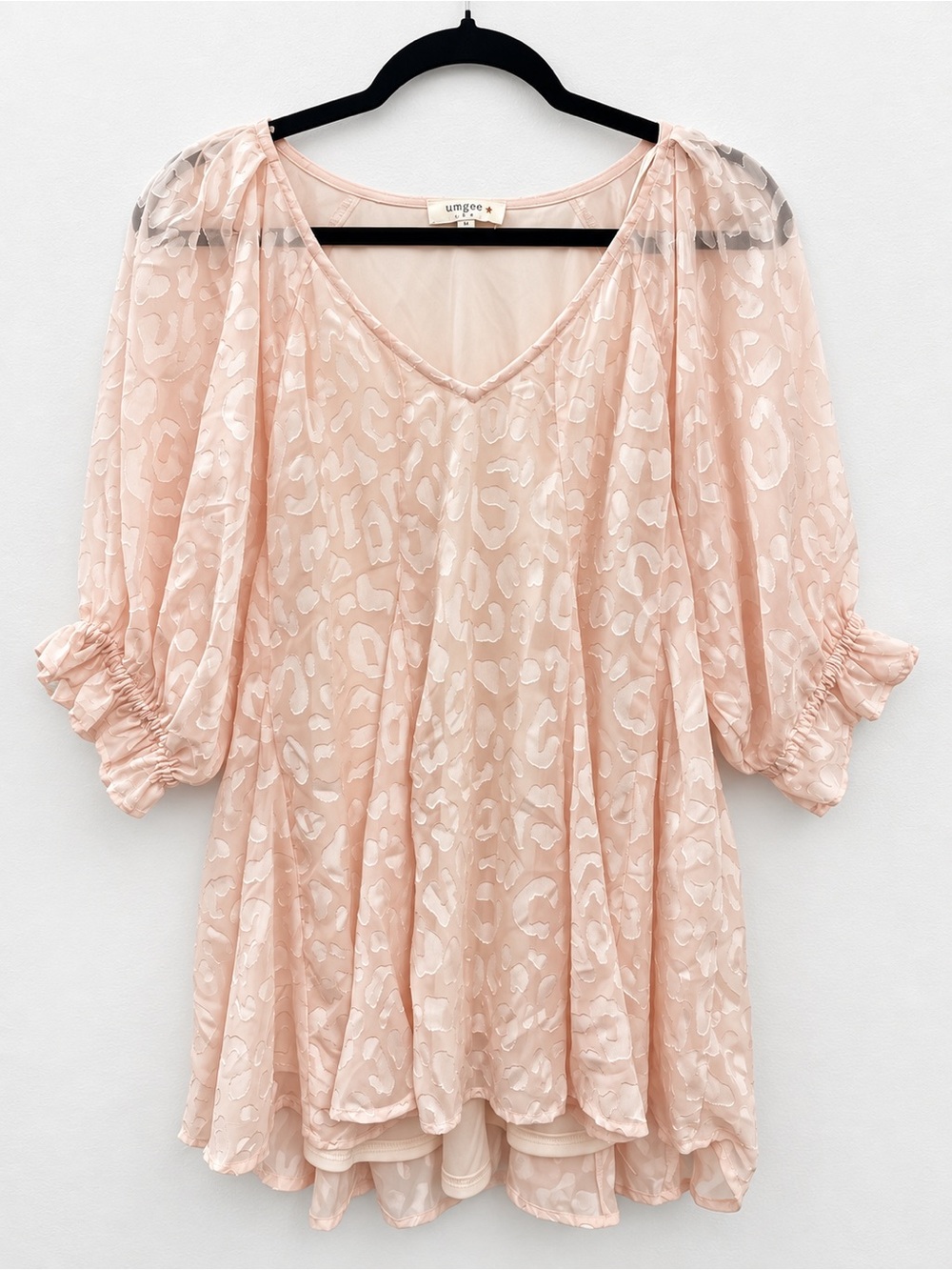 Umgee Blush Pink Sheer Leopard-Texture V-Neck Tunic